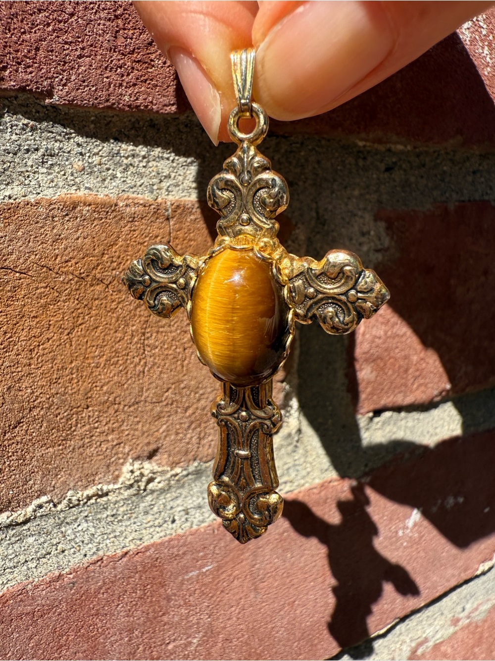 Gold-Tone Cross Pendant Necklace with Tiger's Eye Cabochon - Picture 2 of 2